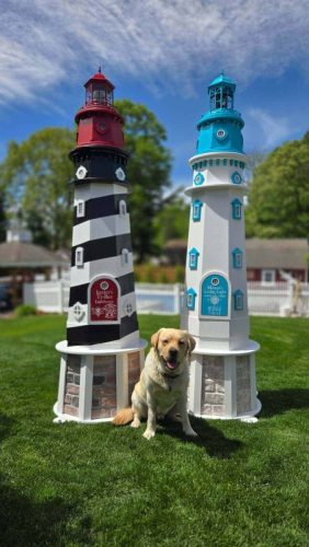 A yellow labrador sits on green grass between two decorative lighthouse replicas, one black and red, one white and blue, in a sunny backyard.